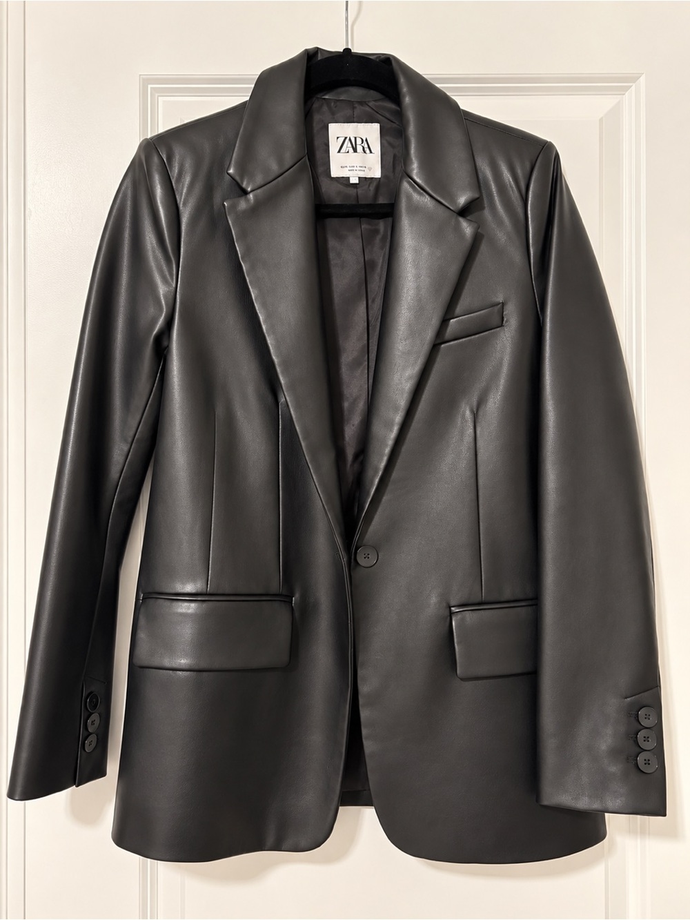 ZARA Black Faux Leather Single-Button Blazer